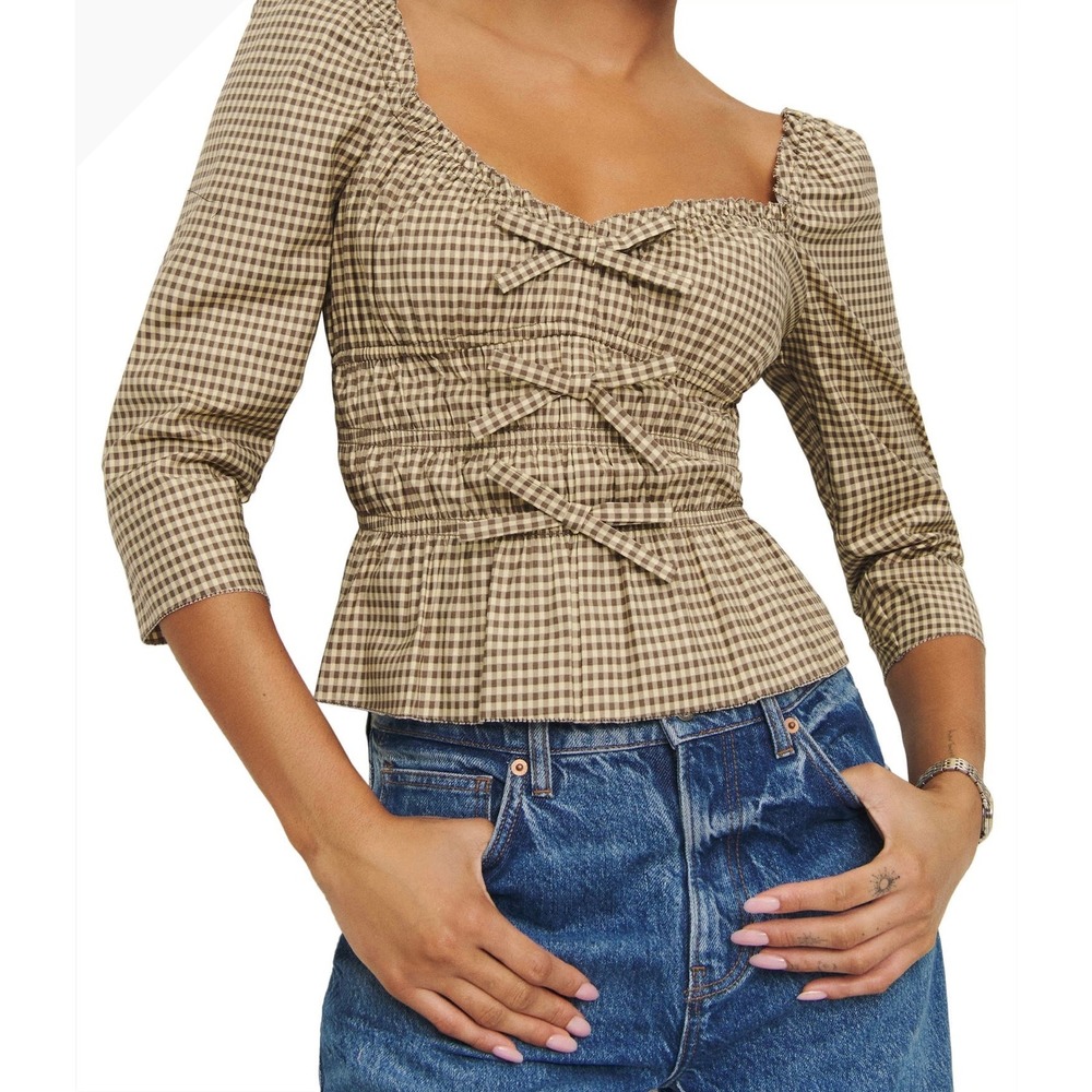 Reformation Lauryn Gingham Top Womens 4 Brown Smocked Bow Peplum Cotton Blouse